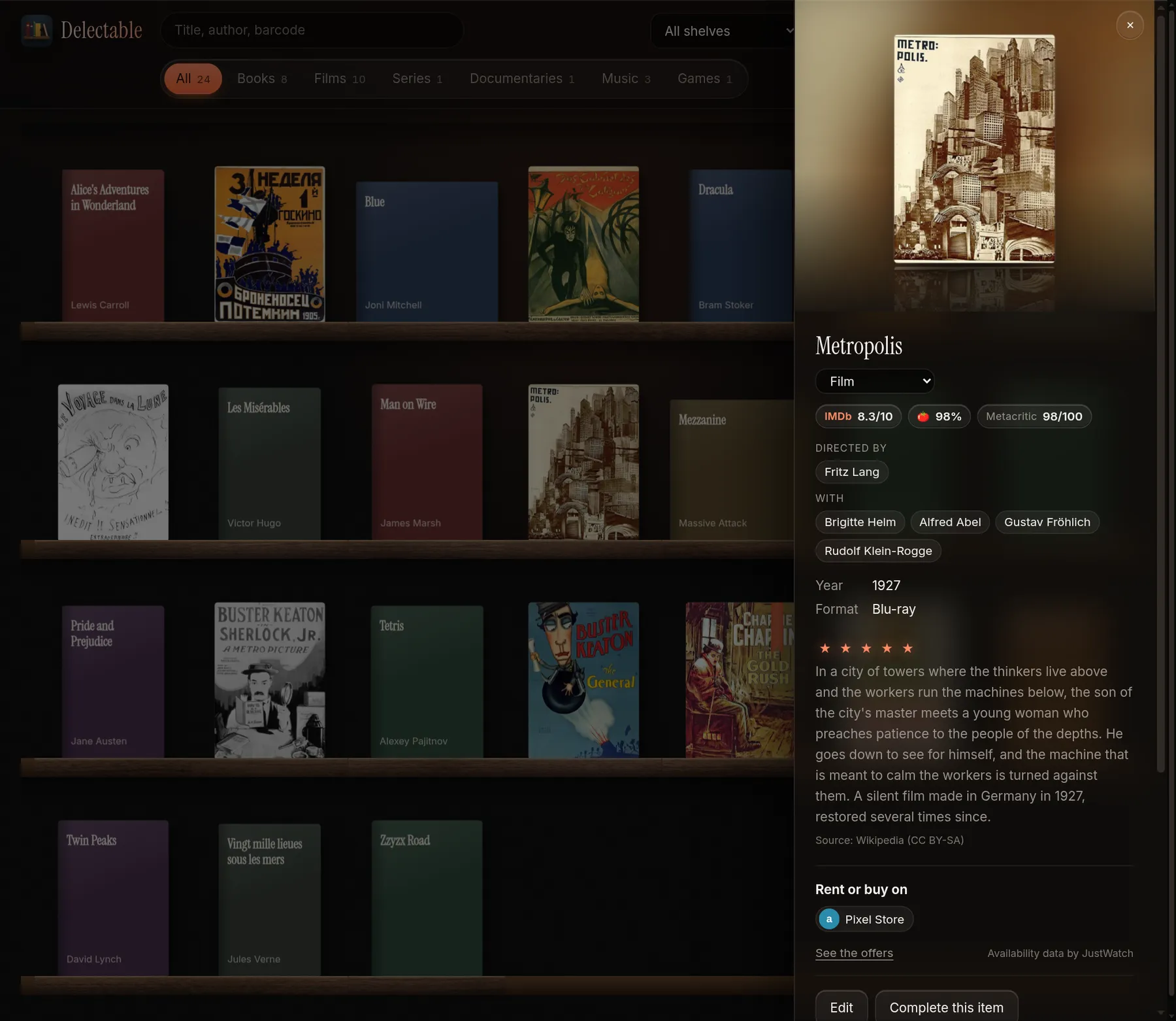 An item page in Delectable: review scores, director, cast, summary and where to rent or buy